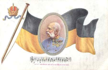 Cartão postal com a bandeira imperial austríaca e figura do imperador.