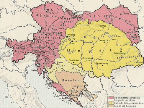 O Império Austro-Húngaro em 1918. Em vermelho, as terras do Império Austríaco; em Amarelo, as terras do Reino da Hungria.